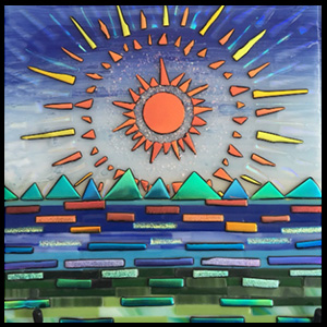 Jewel of the Sierra Sunset, Dichroic Glass Art for Sale, 12 in x 12 in Lake Tahoe Themed.