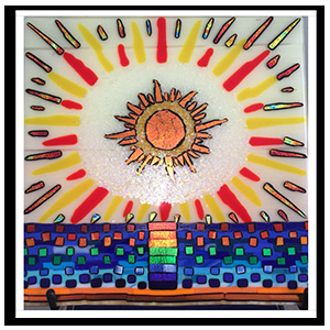 Summer Sunset in Hawaii. Dichroic Glass Art Panel 12 inch x 12 inch. Lake Tahoe Sunset Themed Glass Art