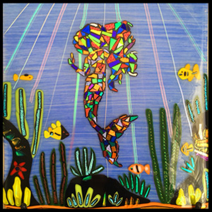 Mosaic Mermaid, Dichroic Glass Art Panel 12 inch x 12 inch. Mermaid Ocean Themed Art
