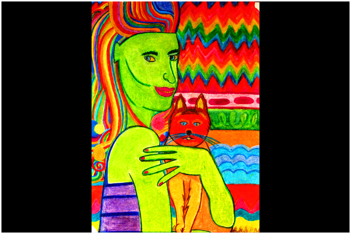 Oil Pastel Girl Holding Cat