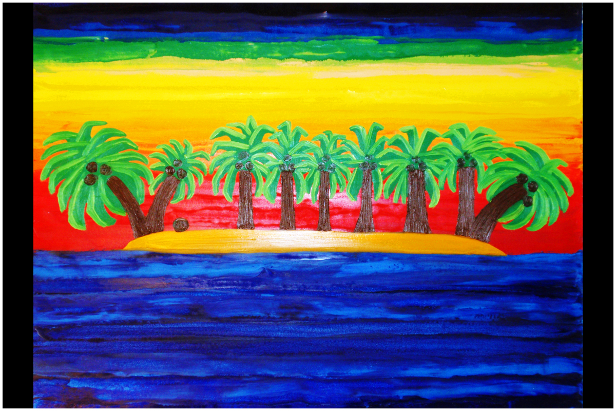 Hawaiian Island Cartoon-Inspired Oil Painting