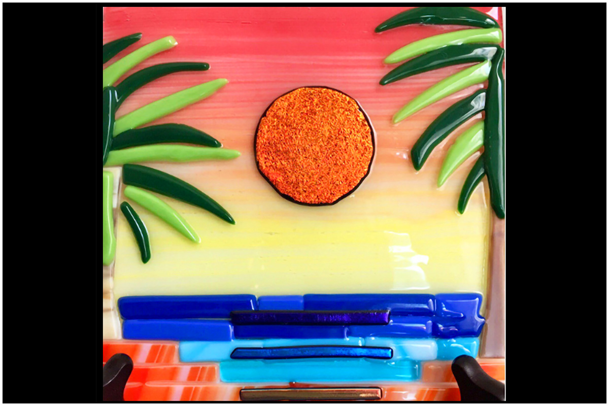 Ocean Sunset Fused Glass Artwork with Palm Trees