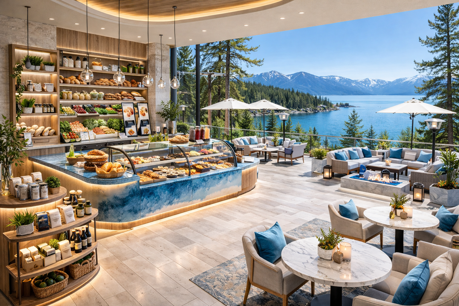 Modern bakery and deli with artisan displays, large seating areas, and Lake Tahoe views.
