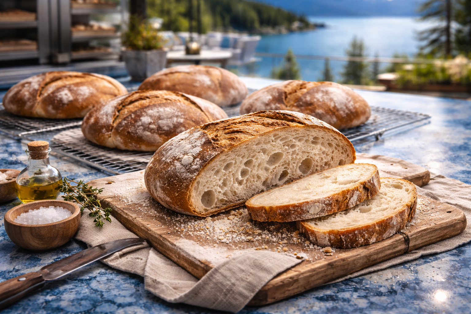 Fresh artisan bread cooling in bakery.