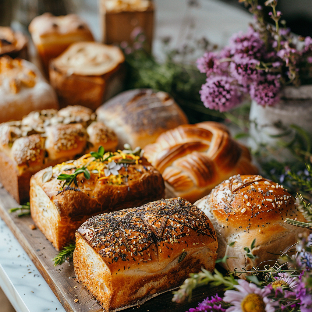 Artisan breads with seeds, grains, and subtle floral accents