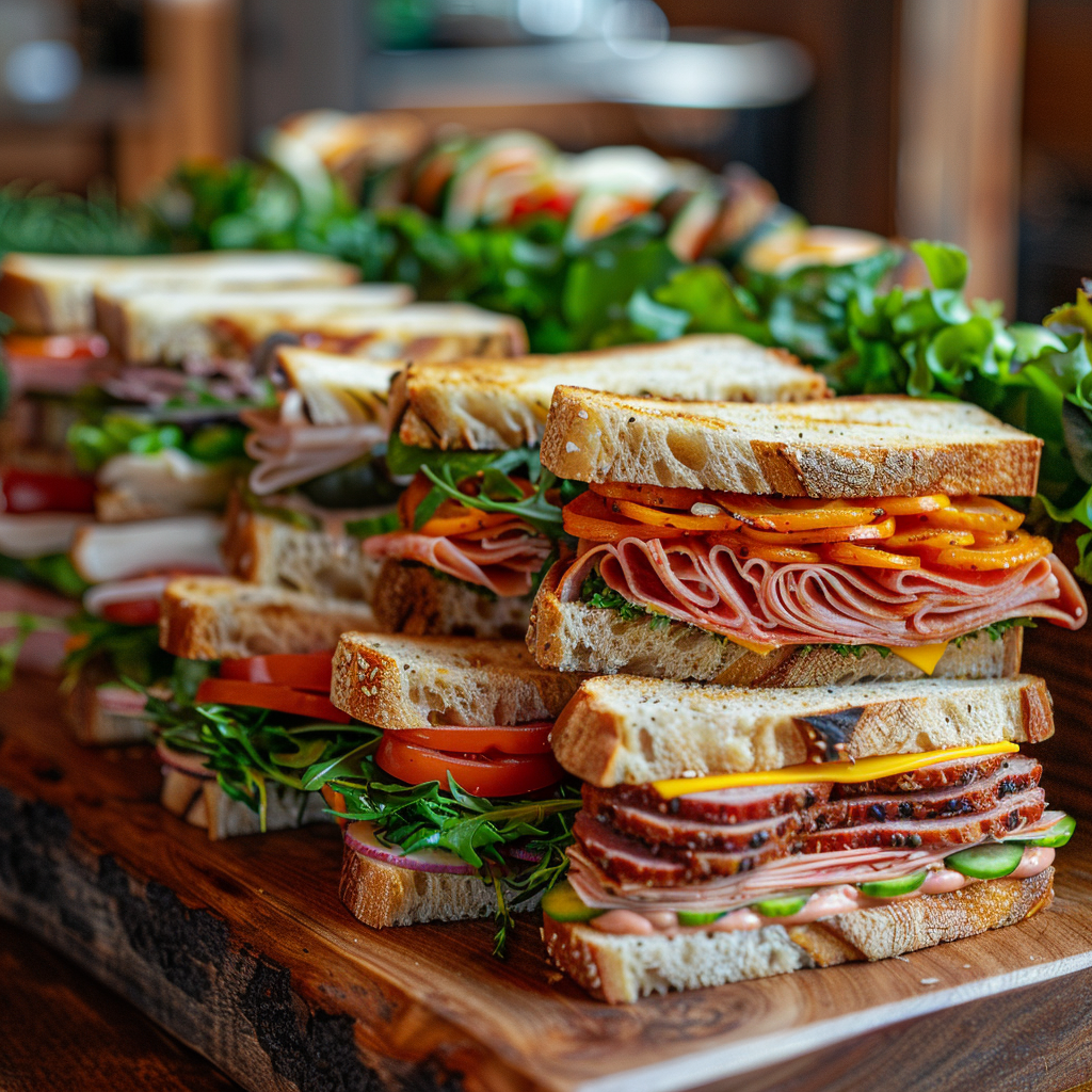 Gourmet deli sandwich platter with sides and fresh ingredients