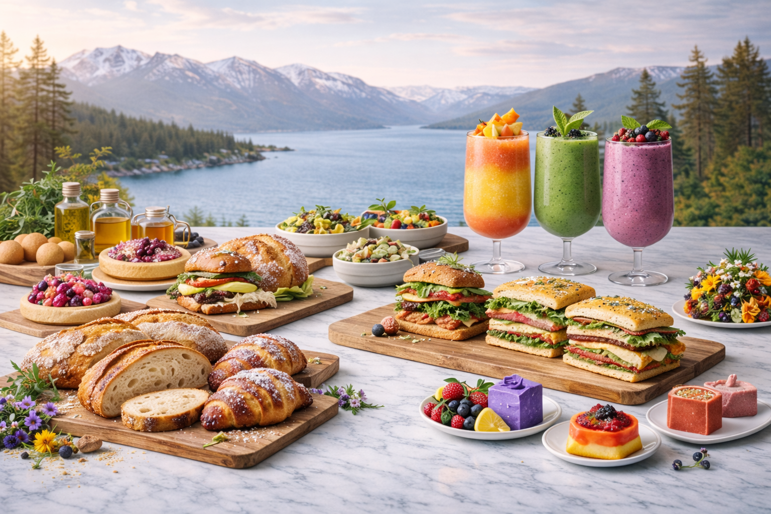 Artisan bakery and deli spread with pastries, breads, sandwiches, desserts, and drinks