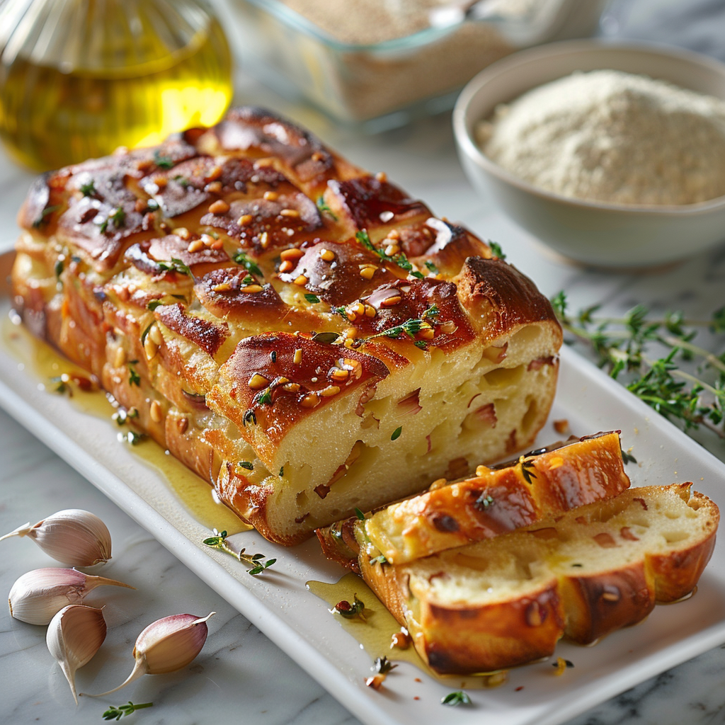 Roasted Garlic Confit Bread with golden caramelized garlic pockets on a white square plate with blurred garlic, herbs, and olive oil in the background.