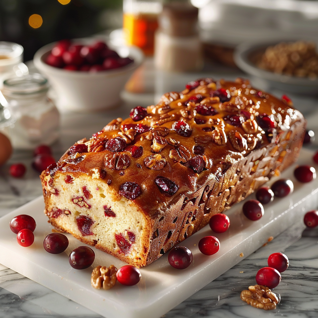 Cranberry Walnut Summit Bread with visible cranberries and walnuts on a white square plate with blurred cranberries and nuts in the background.