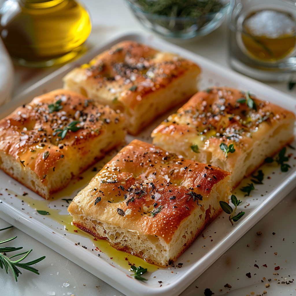 Smoked salt and herb focaccia with olive oil sheen on a white square plate with blurred herbs and olive oil in the background.