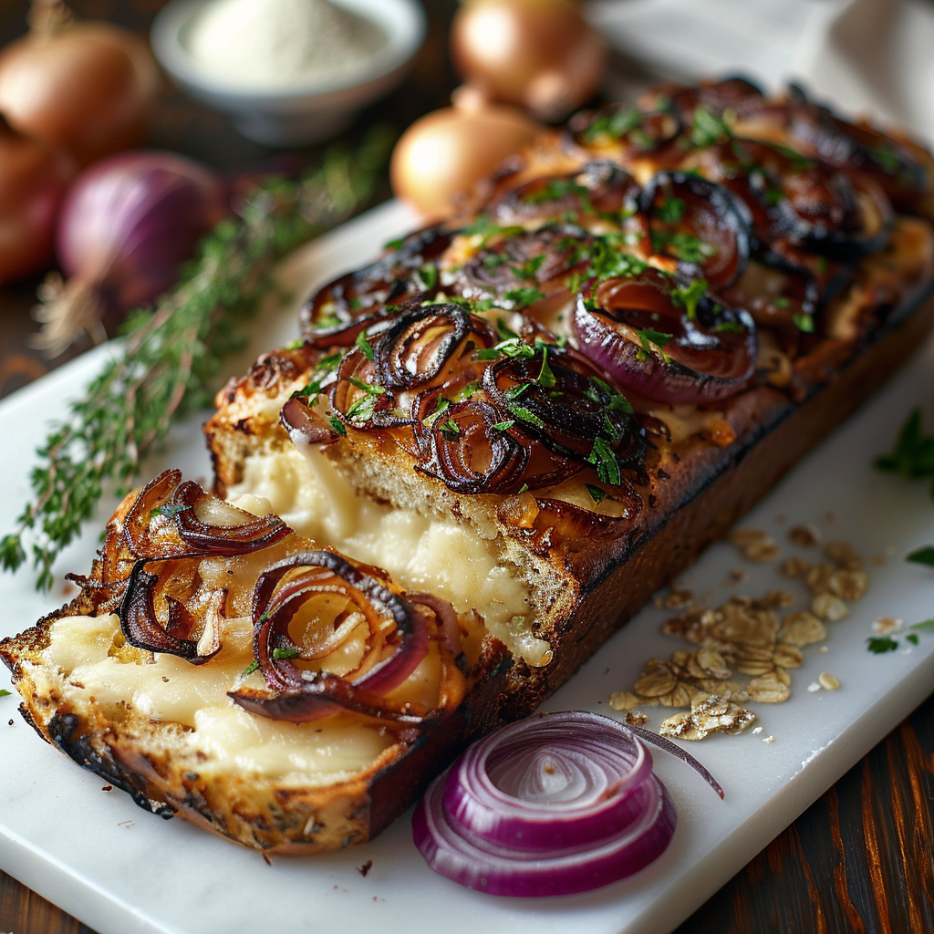Charred onion and gruyere bread with caramelized onions and melted cheese on a white square plate with blurred onions and herbs in the background.