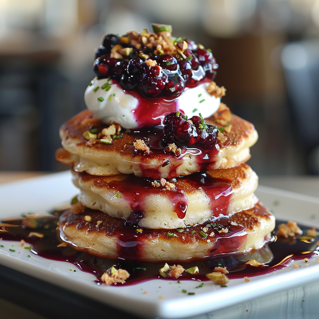 Ricotta pancakes with berry compote, mascarpone, and pistachio crumble.
