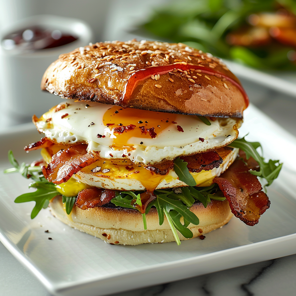 Brioche breakfast sandwich with eggs, cheddar, bacon jam, arugula, and aioli.