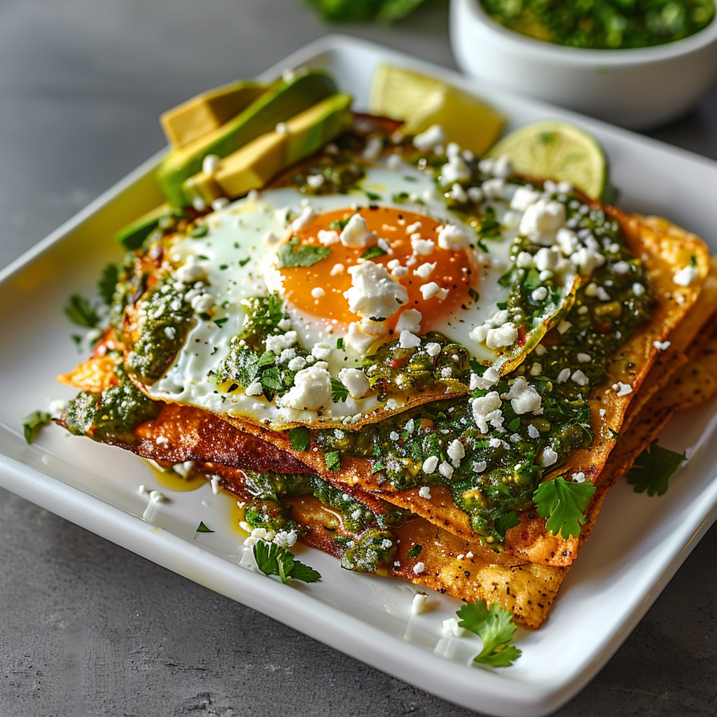 Green chilaquiles with tomatillo salsa, eggs, crema, cotija, avocado, and herbs.