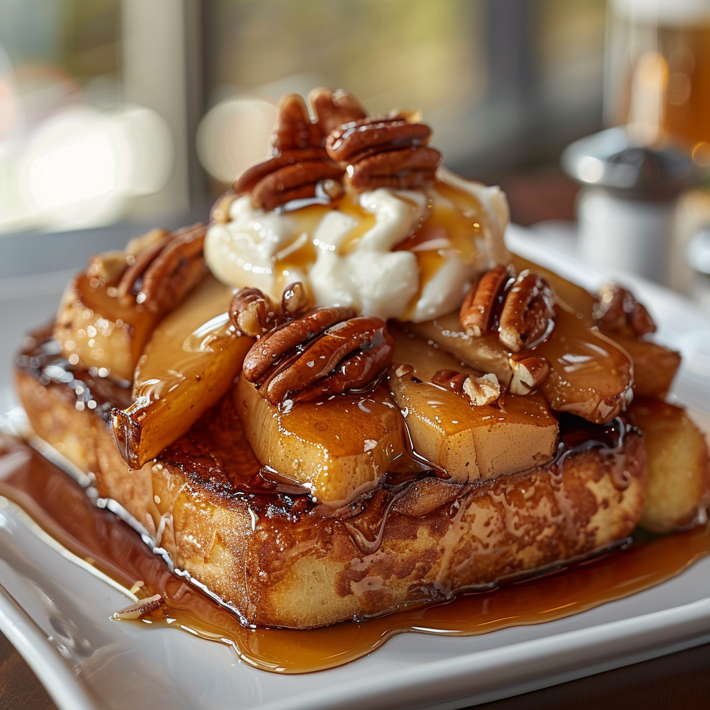 Brioche French toast with caramelized pears, mascarpone, pecans, and maple glaze.