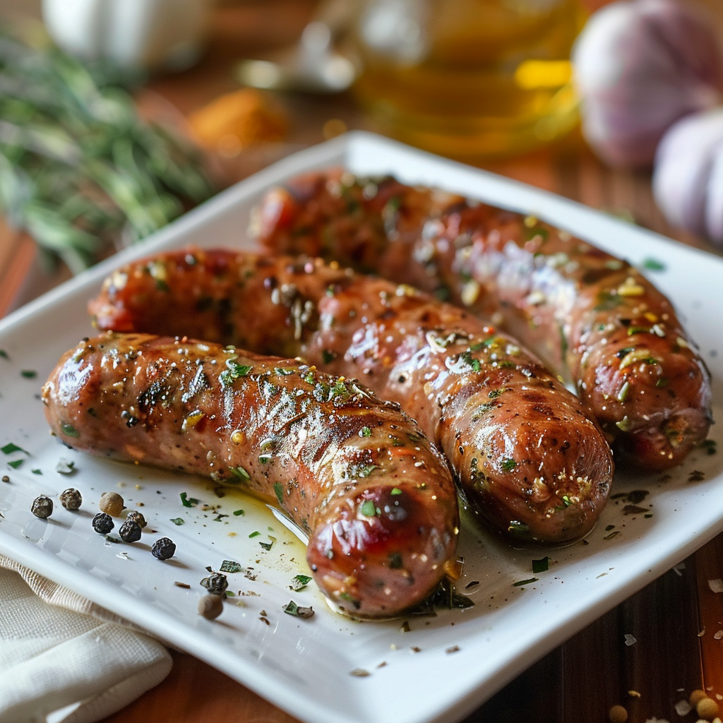 Breakfast sausage links with herbs and spices.