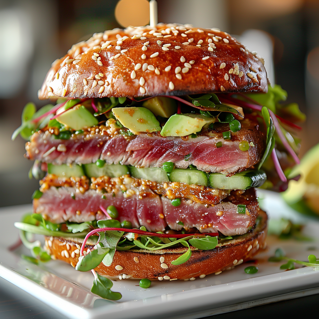Seared ahi tuna burger with sesame crust, avocado, cucumber, pickled ginger slaw, and wasabi aioli on brioche.