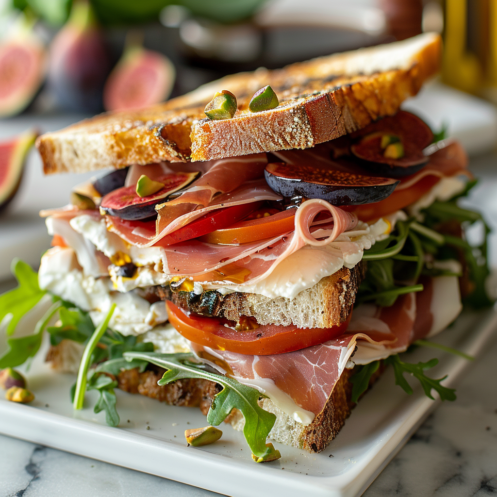 Prosciutto burrata fig sandwich with sliced fresh figs, fig jam, heirloom tomato, arugula, pickles, pistachios, and honey balsamic on toasted ciabatta.