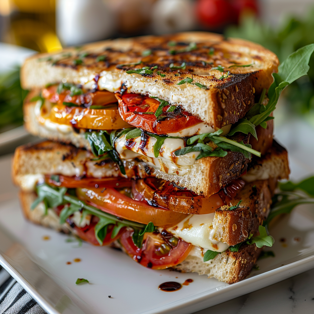 Spicy Caprese Melt with heirloom tomatoes, mozzarella, basil, garlic confit, chili oil, arugula, and balsamic glaze on a white square plate.