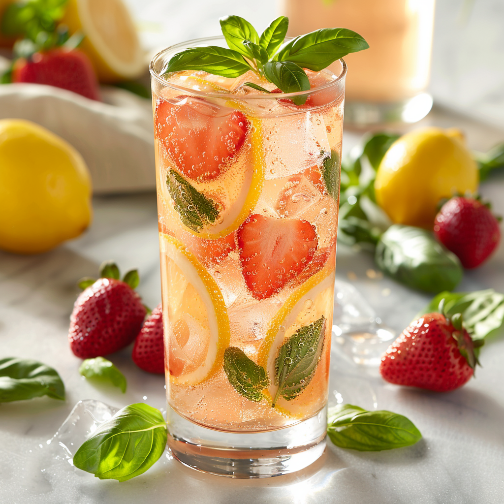 Strawberry Basil Lemonade with fresh strawberries, basil, and lemon.