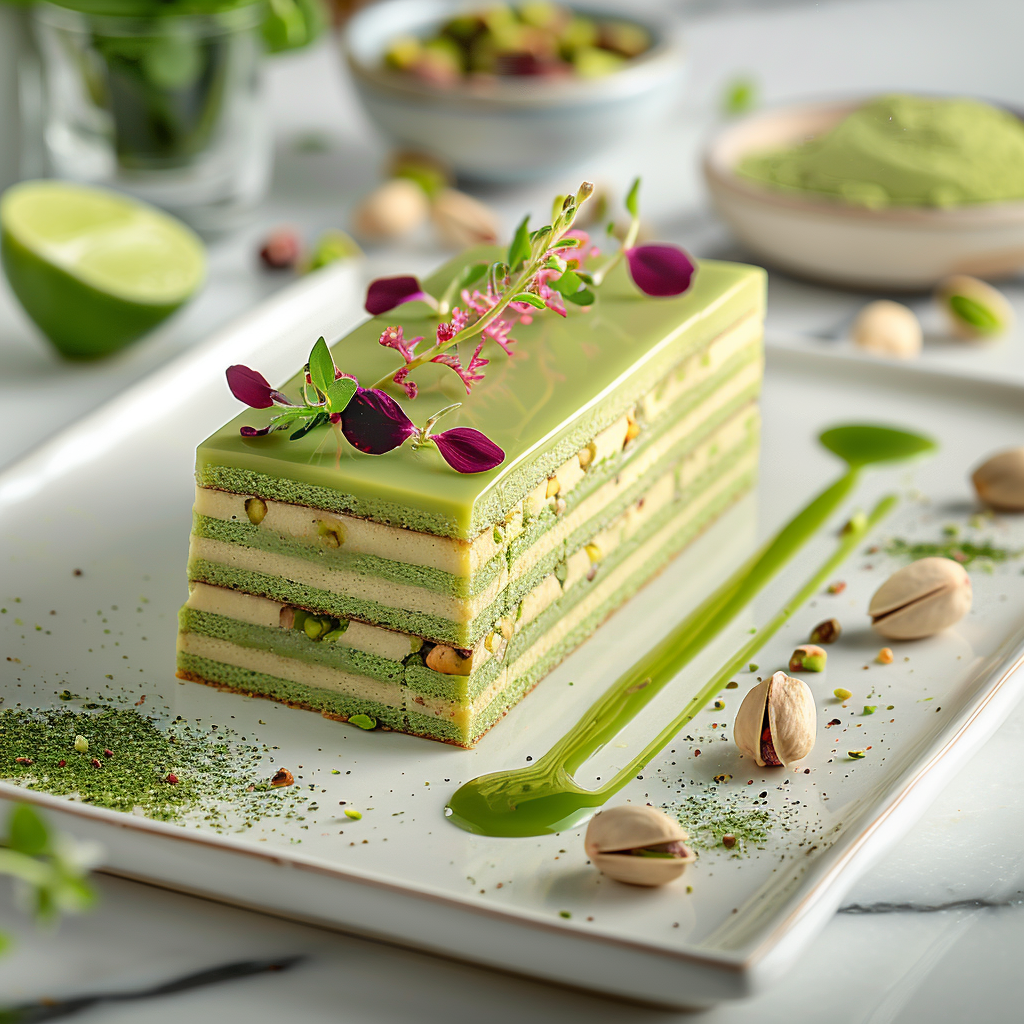 Matcha Pistachio Moss Gateau plated dessert