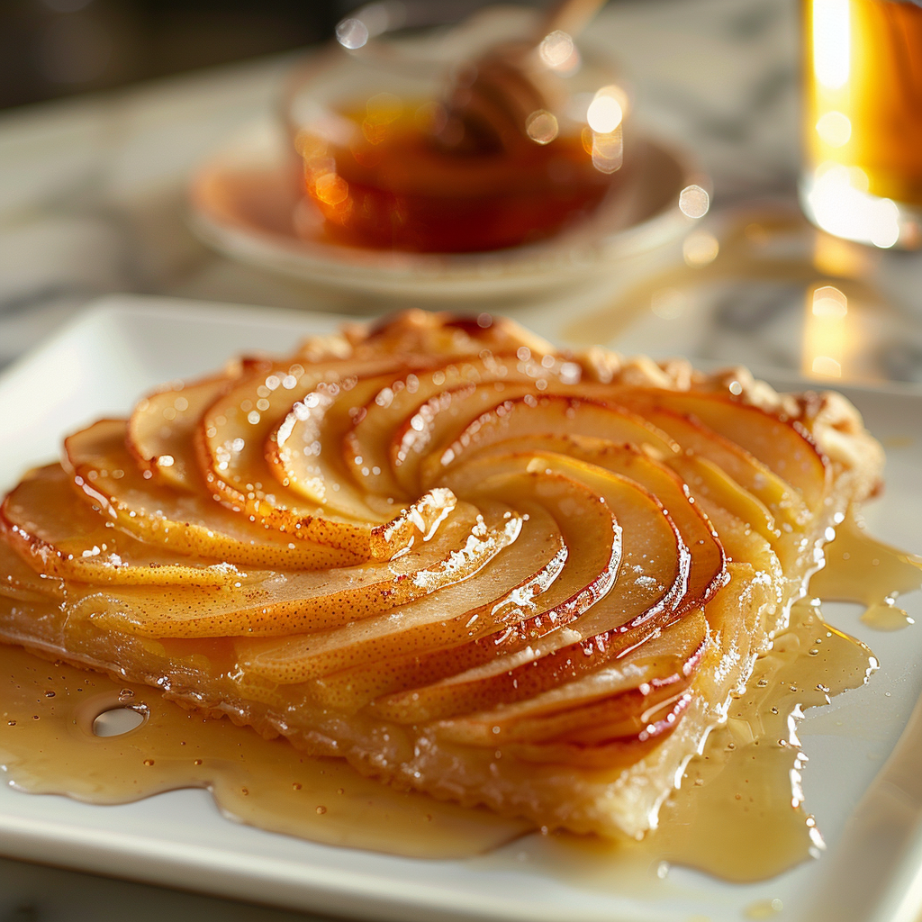 Delicate pear galette with layered pears and honey glaze on a white square plate.