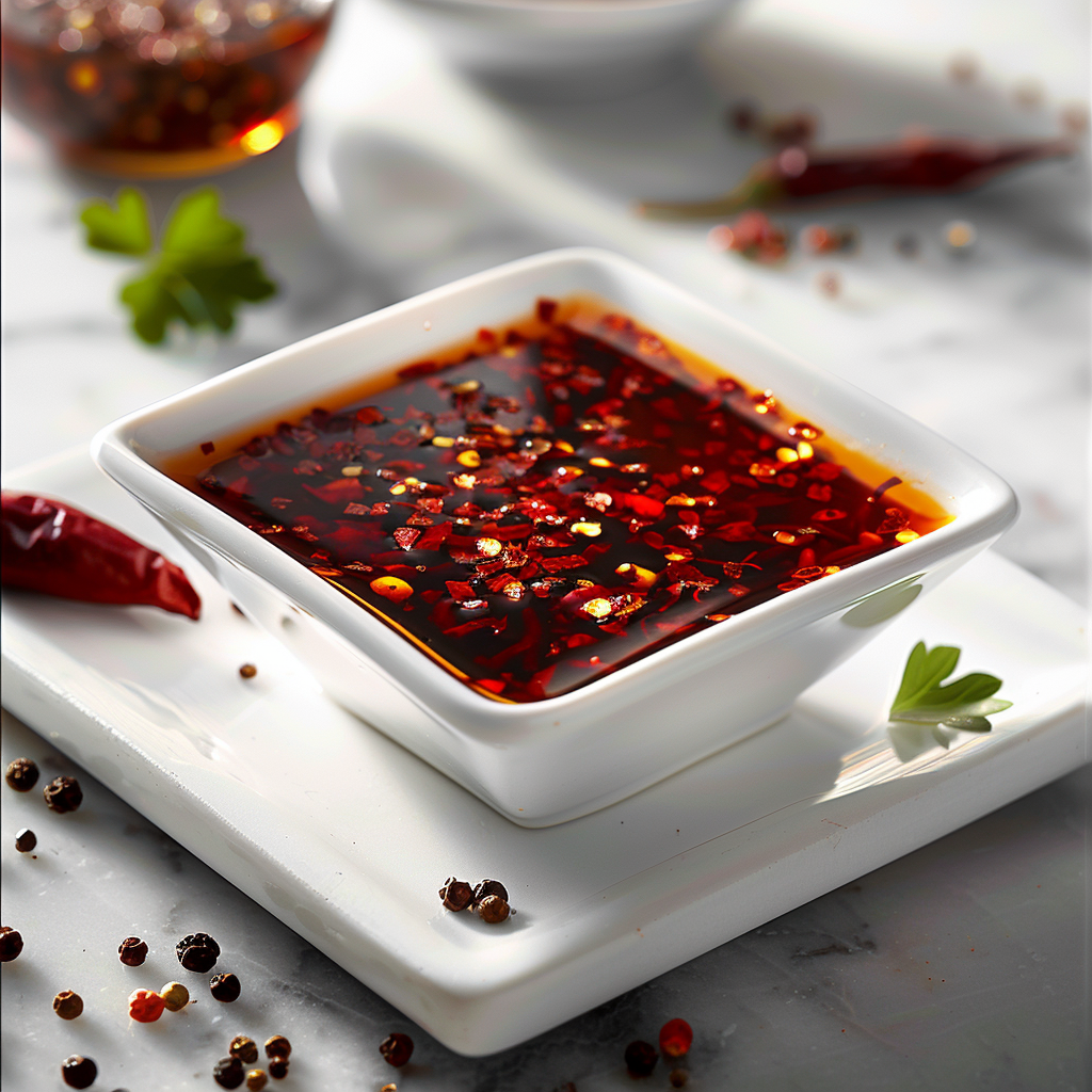 Spicy chili oil in a dish.