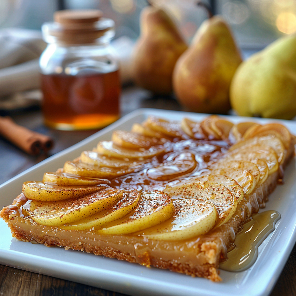Small square spiced pear honey tart with caramelized edges and honey drizzle on a white plate