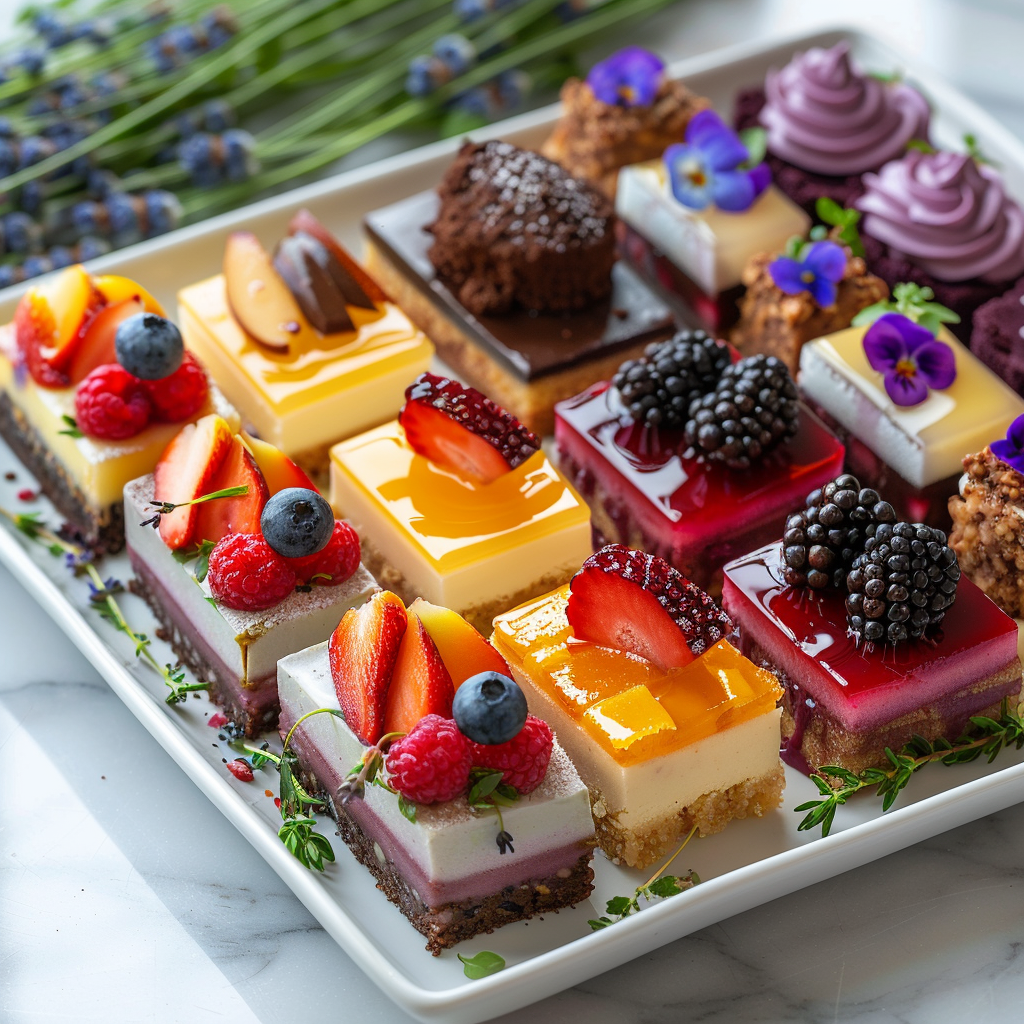 Large seasonal dessert party platter with shareable bite-sized portions of assorted pastries on a light marble surface