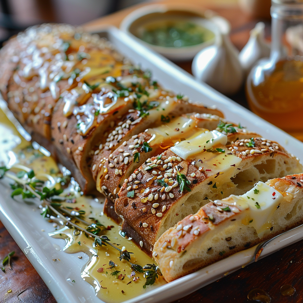 Artisan bread and butter board with honey, herbs, and rustic textures
