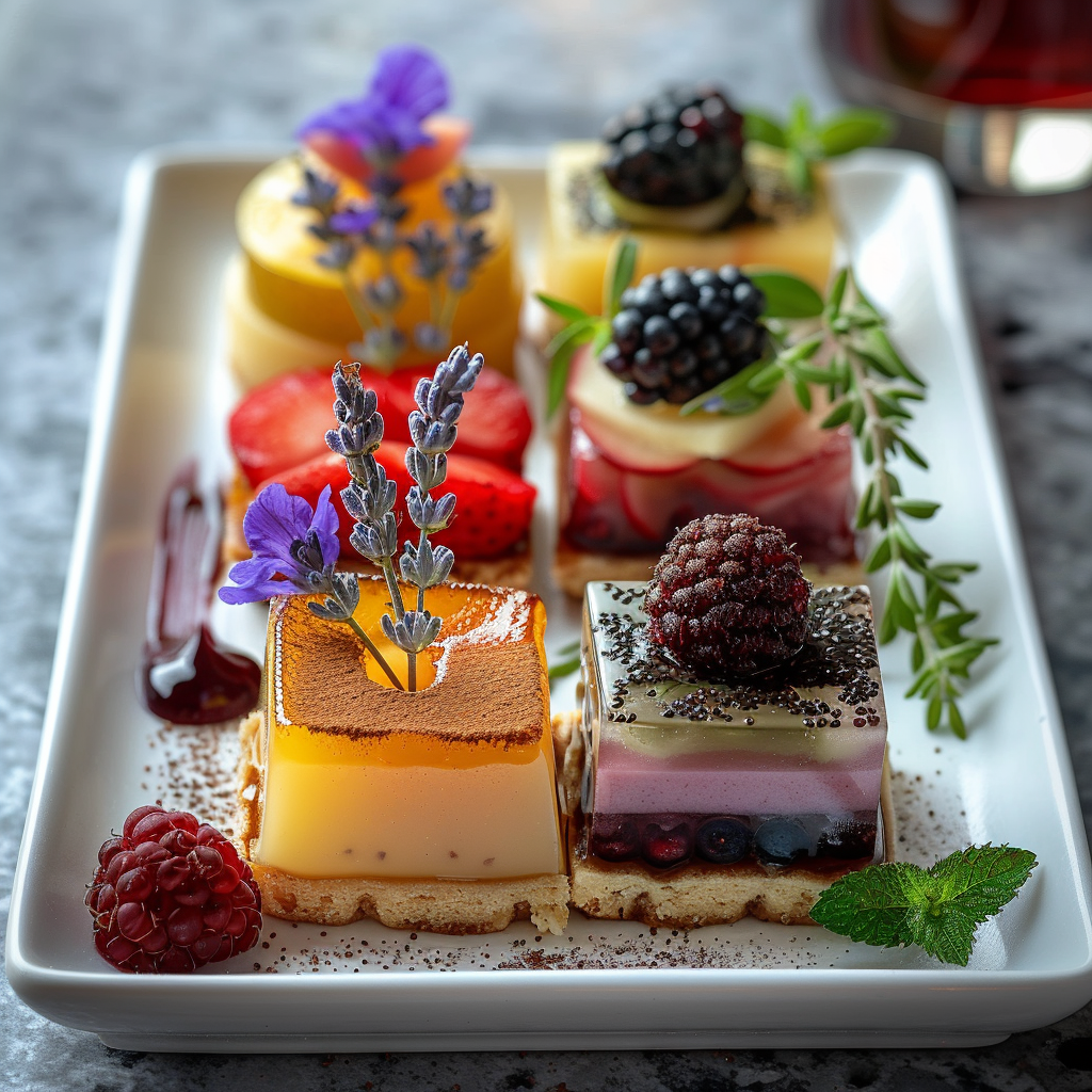 Seasonal dessert party platter with shareable four-bite portions of assorted pastries on a light marble surface