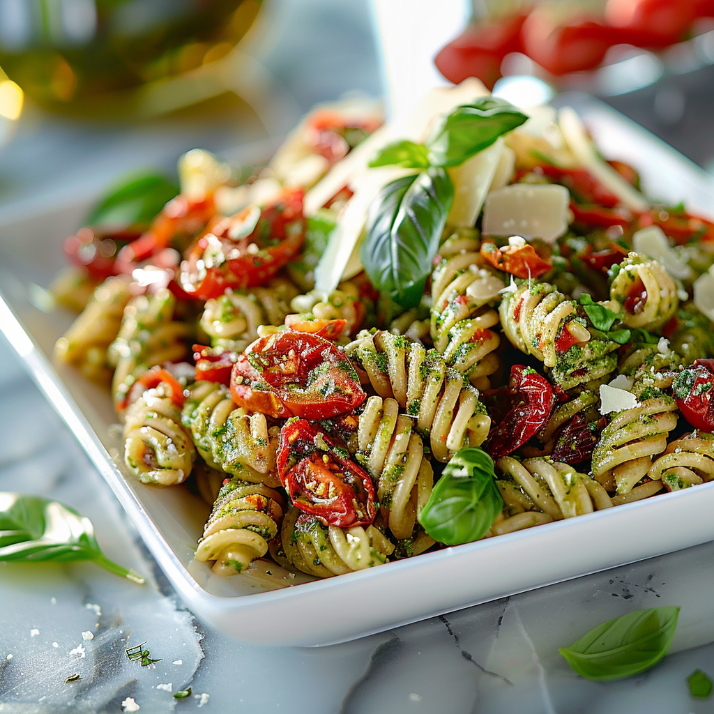 Gourmet pasta salad with vegetables, herbs, and vinaigrette on a white plate.