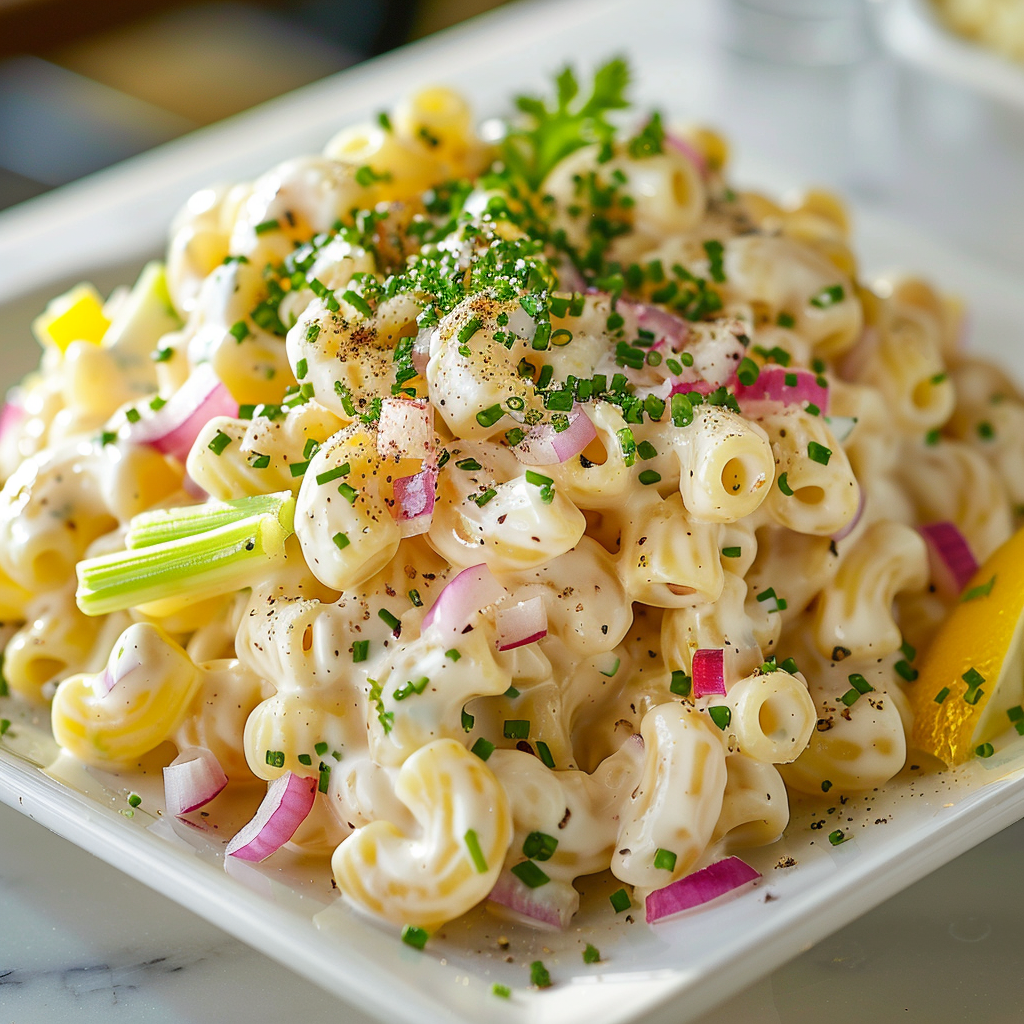 Elevated macaroni salad with herbs and creamy dressing on a white plate.