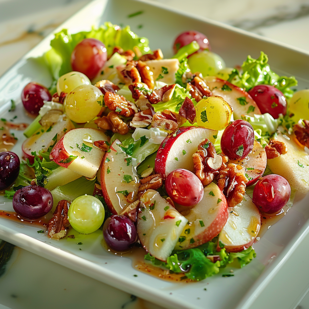 Waldorf salad with apples, grapes, nuts, and greens on a white plate.