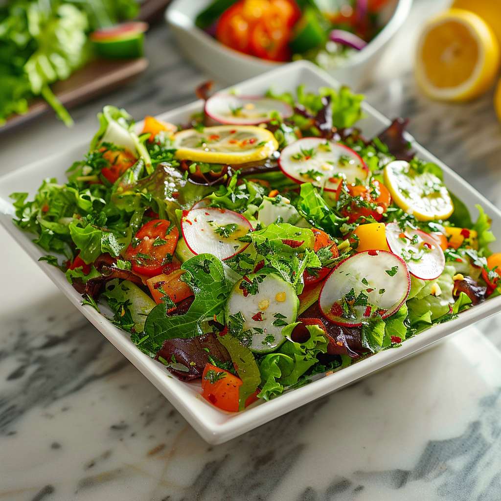 Fresh green salad with herbs and lemon vinaigrette on a white plate.
