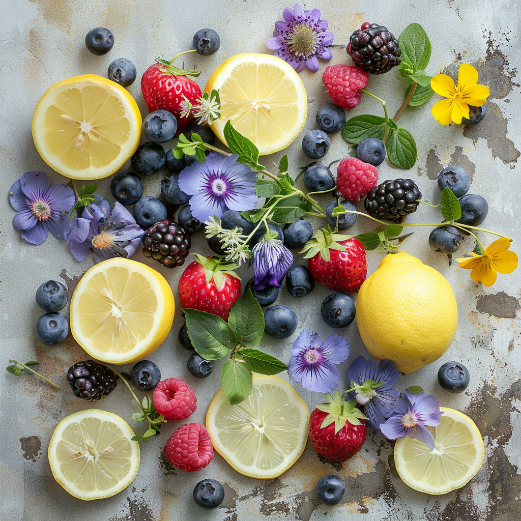 Spring berries, lemon pastries, edible flowers, and fresh herbs