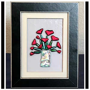 Mini Forever FloIrs Red Roses, 4 inch x 5 inch Framed Dichroic Glass Art Panel. FloIr Themed Glass Art