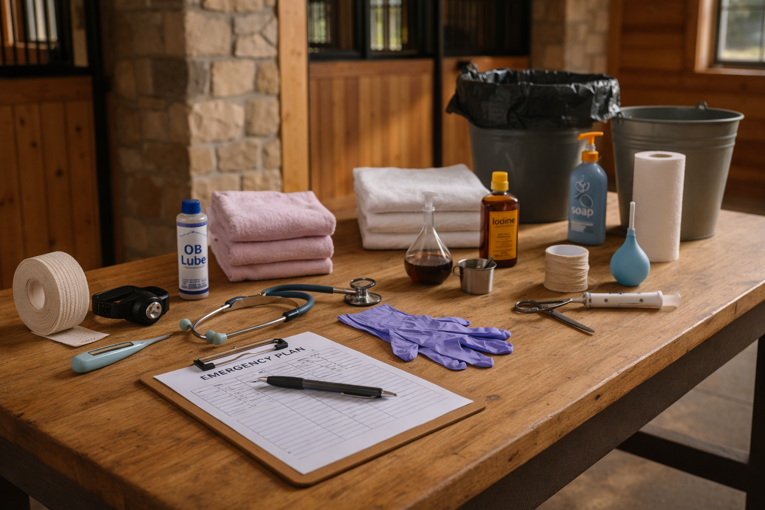 Foaling preparation supplies and stall setup