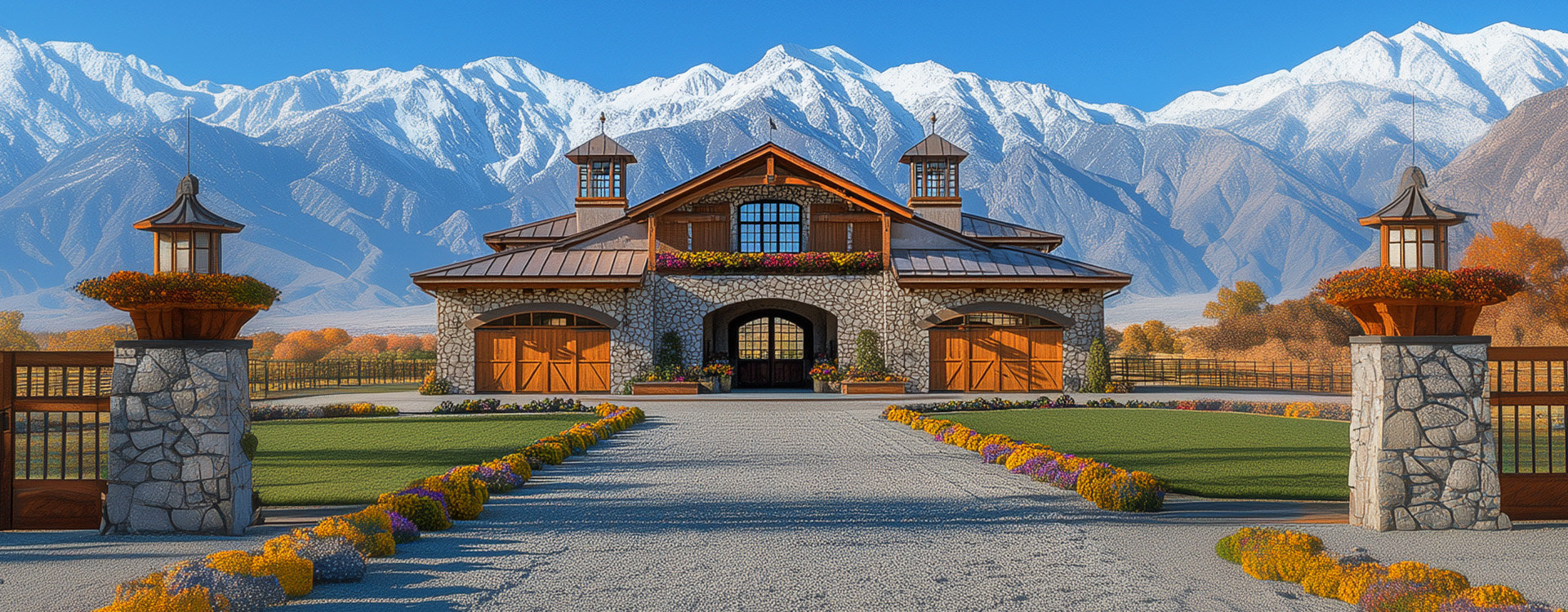 Main entrance to Sierra Equestrian Center with stone barn and Sierra mountains behind