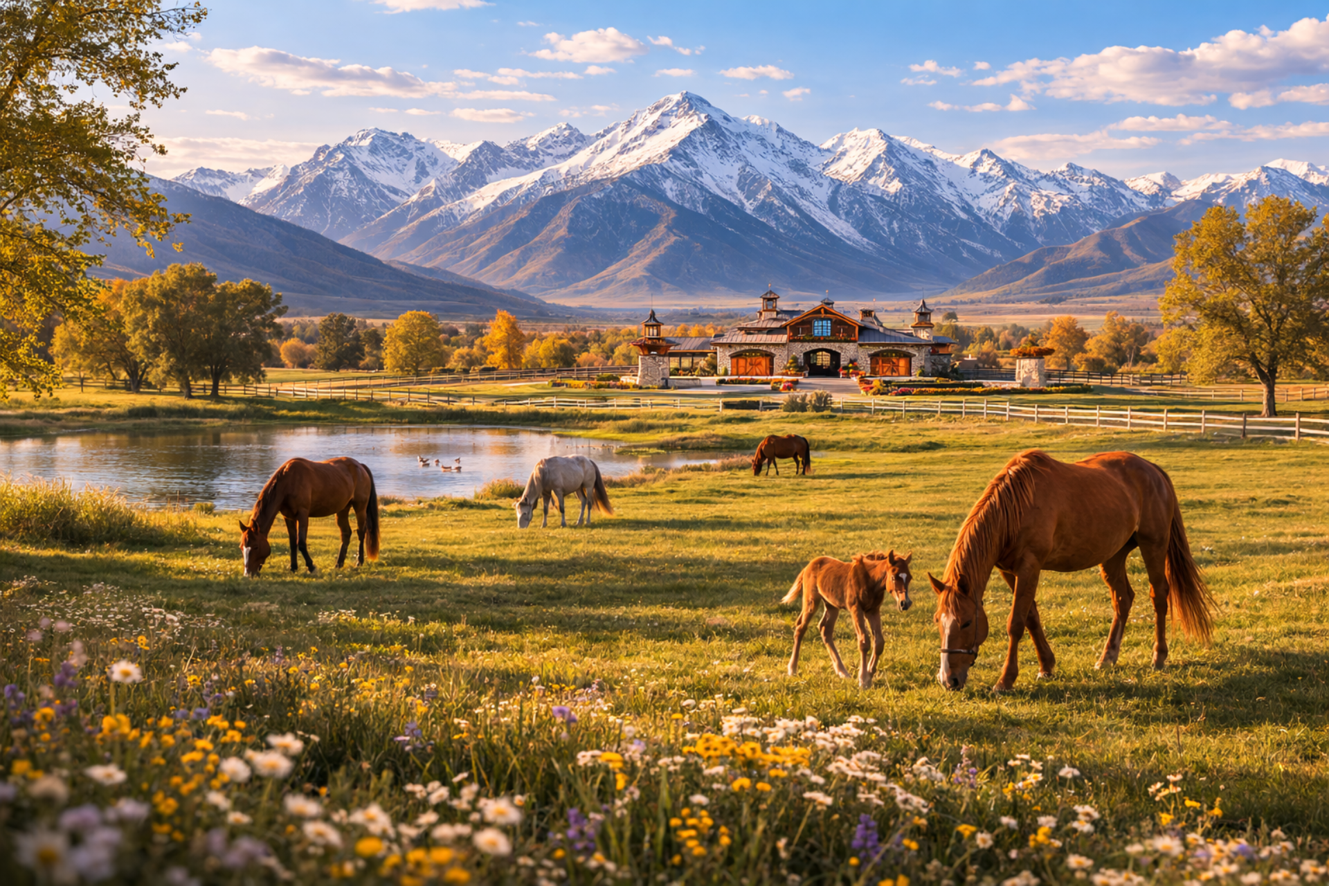 Pasture with horses and foal, mountain landscape surrounding Sierra Equestrian Center