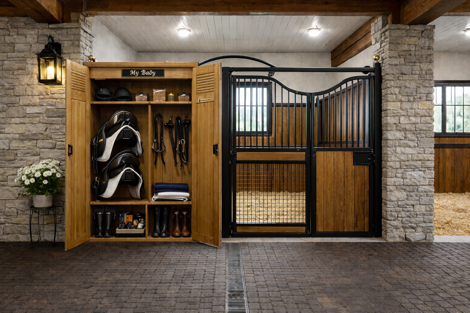 Clean horse stalls and organized barn aisle