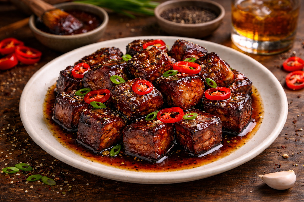 Glazed pork belly burnt ends with sesame and scallion