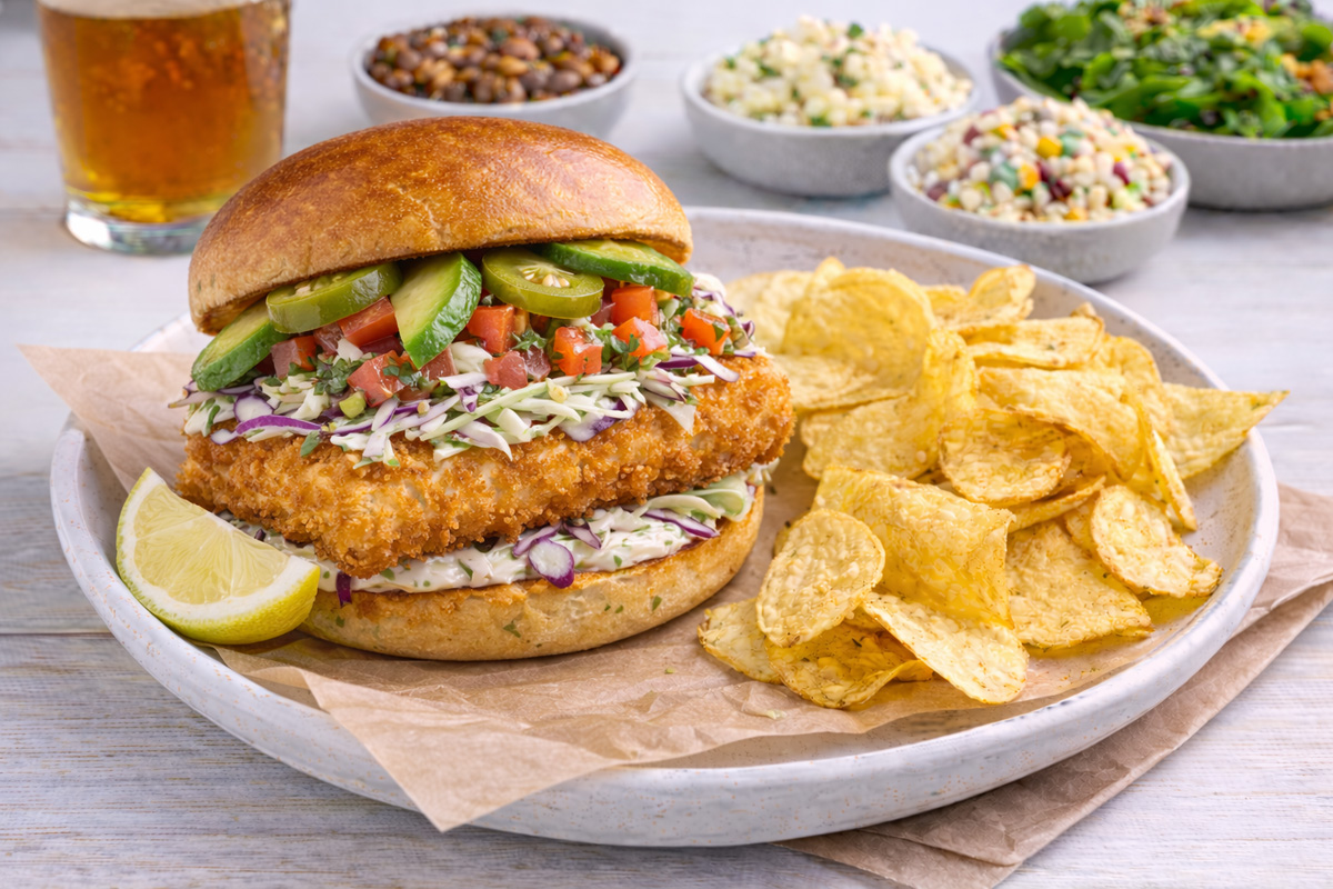 Baja fried fish sandwich with smoky chipotle lime tartar