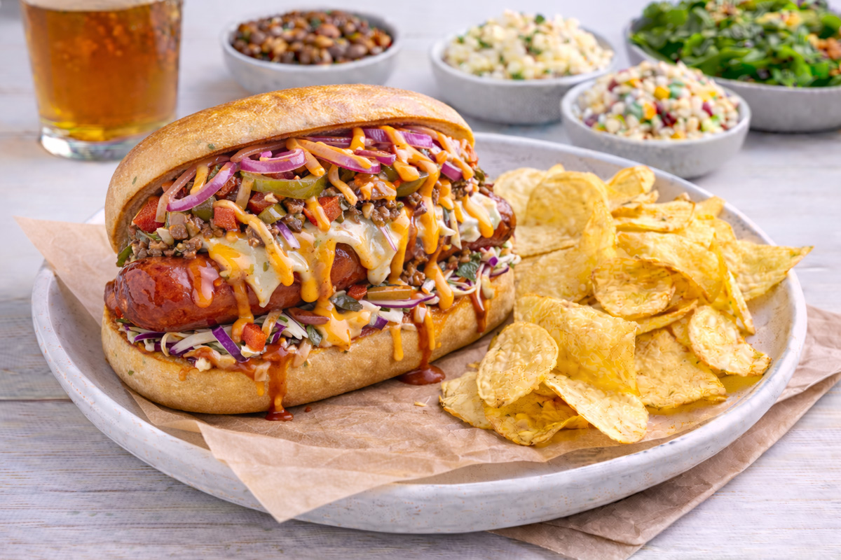 Gourmet smoked hot link sandwich with jalapeño bacon jam