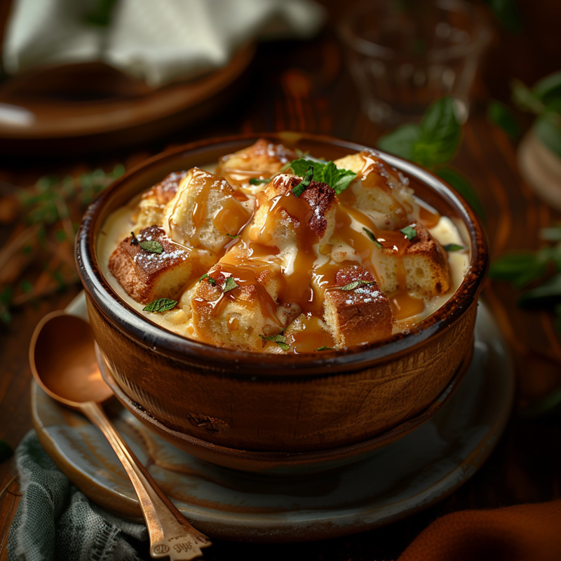 Bourbon bread pudding with caramel sauce