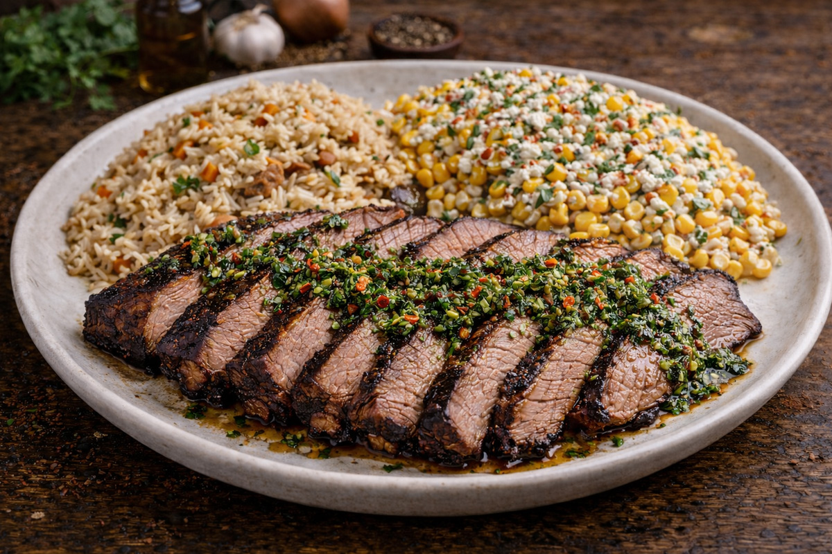 Sliced oak-smoked tri-tip with chimichurri